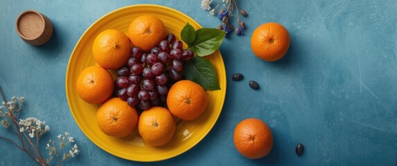 Obraz premium Grapes and oranges on a yellow plate with a blue backdrop