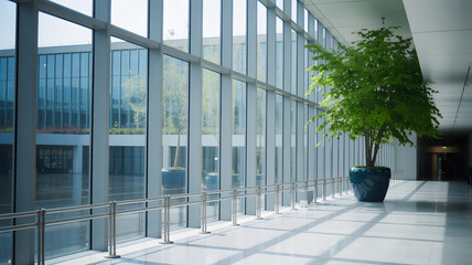 Sunlit modern office building corridor with large glass windows and a potted tree.png