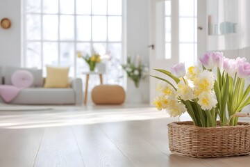 Spring home interior with flowers and bright light