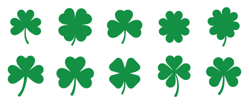 Nine vibrant green clover shamrocks: classic 3-leaf and 4-leaf styles. Clean vector icons for holidays, logos, apparel, invitations. Transparent PNG, scalable for stock sites, commercial printing.
