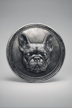 3D render of a French bulldog emblem on a brushed metal badge with beveled edge, isolated on a clean backdrop