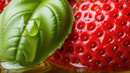 Fresh basil leaf on top of a ripe juicy red strawberry fruit