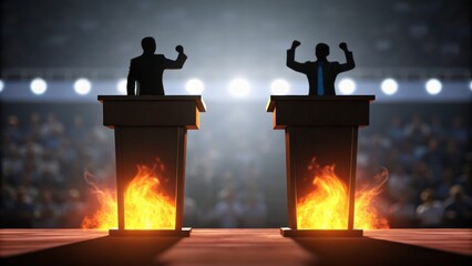 Debate scene with two silhouetted figures at podiums, passionately engaging in a heated discussion, flames symbolizing intensity.
