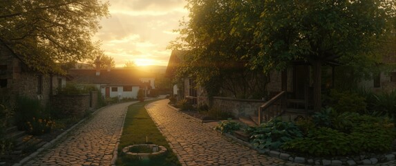 Obraz premium Sunset scene featuring a charming village square and stone pathways surrounded by lush greenery