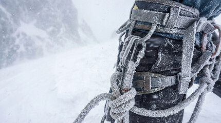 Frozen Climbing Safety Gear in Winter Mountains