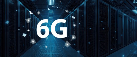 Server room with shapes and 6G text overlay, featuring copy space. Represents global business and digital interfaces, digitally generated artwork