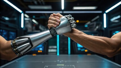 A human and a robotic arm engage in an arm-wrestling match, showcasing the fusion of technology and human strength in a futuristic setting.