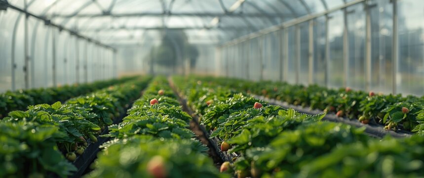 Strawberry cultivation in a Dutch glass greenhouse with rows of emerging strawberry plants