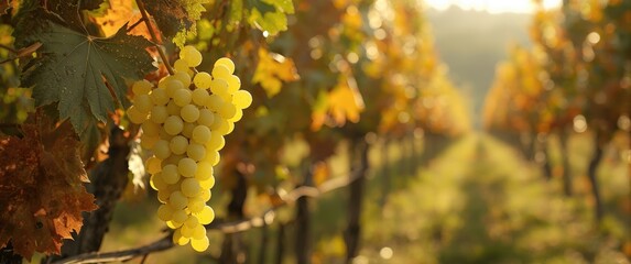 Obraz premium Bunches of ripe white riesling grapes growing organically