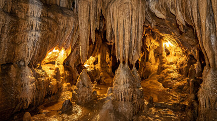 Golden Lit Stalagmite And Stalactite Columns In Cave