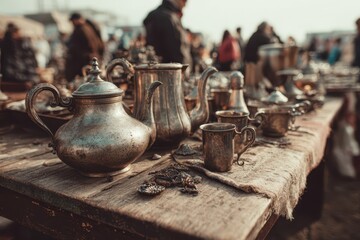Antique silverware on a weathered wooden table at a bustling flea market