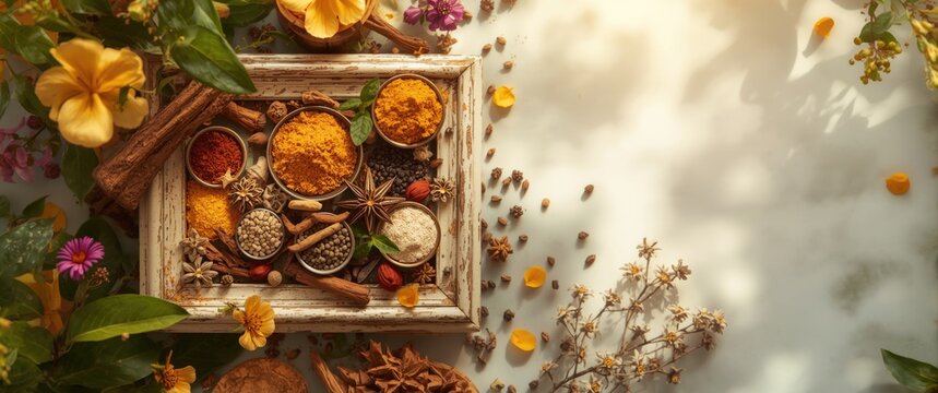 Background featuring turmeric and pepper spices from an oriental perspective - Powered by Adobe
