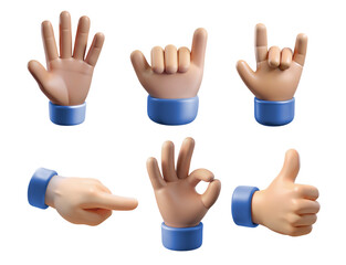Obraz premium A large collection of stylized 3D human hands making various universal gestures: thumbs up, waving, pointing, OK, peace sign, and clapping. Isolated on a transparent background for digital design.