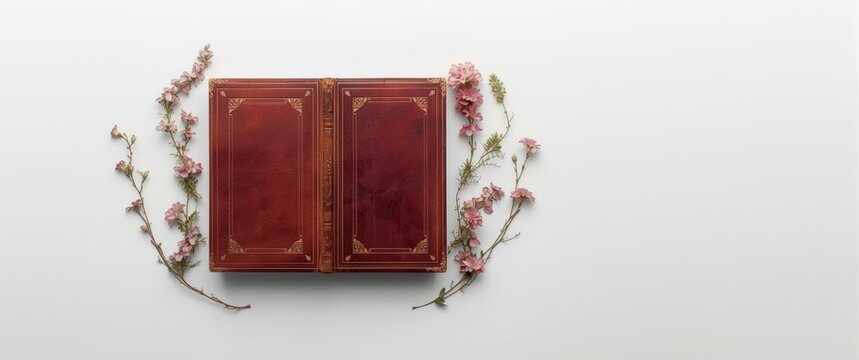 Antique leather book cover in vintage style with open design, simple to create and print, isolated on white background