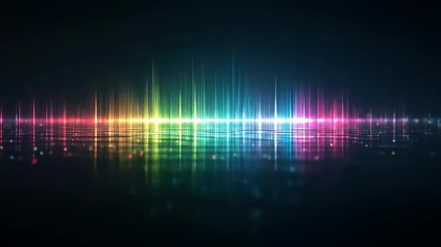 A vibrant rainbow wave spectrum reflects upon a dark, rippled surface
