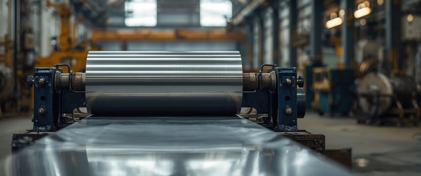 Painted galvanized steel sheet on cutting machine in factory metalwork and ironworks