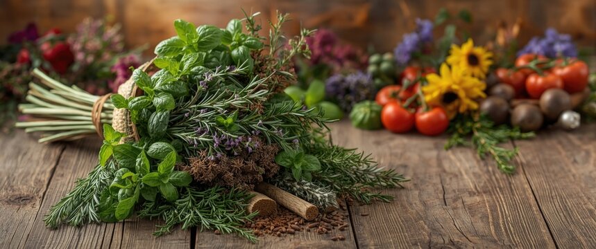 Wooden background with fresh herbs and spice plants