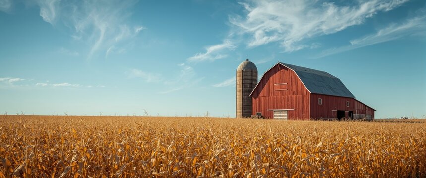 Classic rustic red wooden Barns with silo - American Farm, bordered by yellow Corn Field