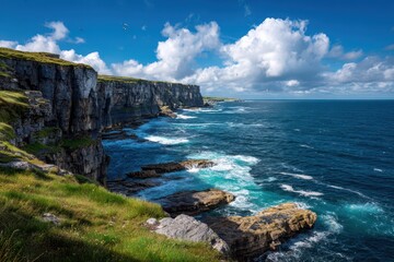 Obraz premium Azure sea along rugged cliffs of Ireland with expansive horizon and sunlit coast