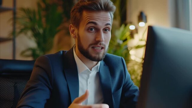 A man dressed in a dark blue suit and white shirt with no tie, looking at the camera while seated in front of a computer monitor. The setting appears to be an office environment.