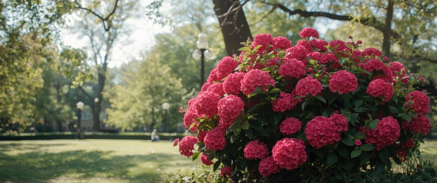NYC park with Pink Hydrangea bush