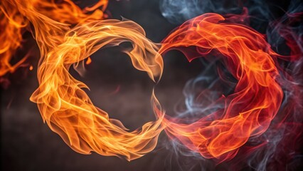 Flames create a heart shape, merging vibrant orange and red colors with wisps of smoke, symbolizing passion and intensity.