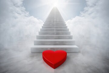 A red heart rests at the base of a stairway leading into the clouds, symbolizing aspiration and love in a dreamlike setting.