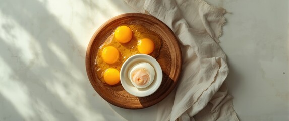Separated Chicken Egg Yolk in Bowl for Recipe, Organic Yolks on Wooden Plate from Top View