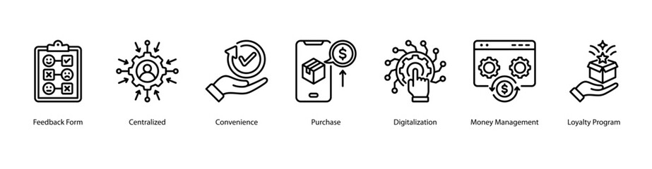 Digital Convenience Services web banner icon vector illustration featuring Feedback Form, Centralized, Convenience, Purchase, Digitalization, Money Management, and Loyalty Program.