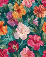Vibrant Tropical Hibiscus Seamless Pattern. Exotic Floral Illustration for Textile and Wallpaper Design.