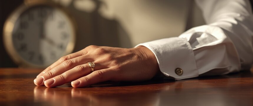 General perspective of a man's hand with a golden wedding ring on the finger