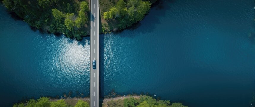 Aerial shot of bridge asphalt road with vehicles driving across a blue water lake in Finland