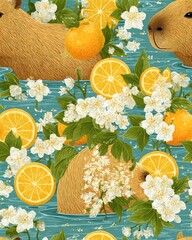 Relaxing Capybara seamless pattern with citrus oranges and floral blossoms. Cute tropical animal illustration for summer wallpaper or fabric design.