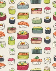 Colorful Hand-Drawn Japanese Sushi and Rolls Seamless Pattern Illustration