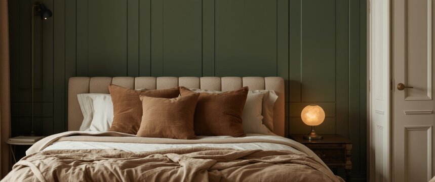 View of a comfortable double bed with brown pillows and beige duvet in front of a green paneled wall with copy space