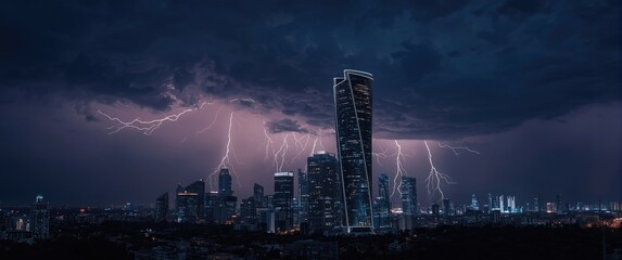 Summer lightning storm occurring above the city