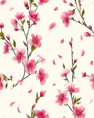 Elegant Cherry Blossom Seamless Pattern. Watercolor Sakura Flower Branches with Falling Petals. Japanese Spring Floral Background Illustration.