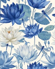 Elegant seamless pattern with blue and white water lilies and dragonflies. Vintage botanical floral illustration for wallpaper and fabric design.