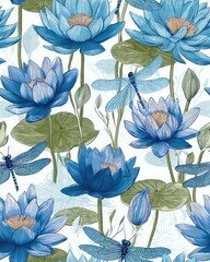 Serene Blue Water Lily and Dragonfly Seamless Pattern. Elegant Hand-Drawn Floral Botanical Illustration for Wallpaper and Fabric.