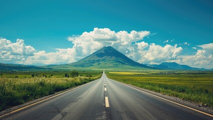 Naklejka premium Mountain landscape with forest and clear blue sky viewed from an asphalt road, highlighting environmental conservation