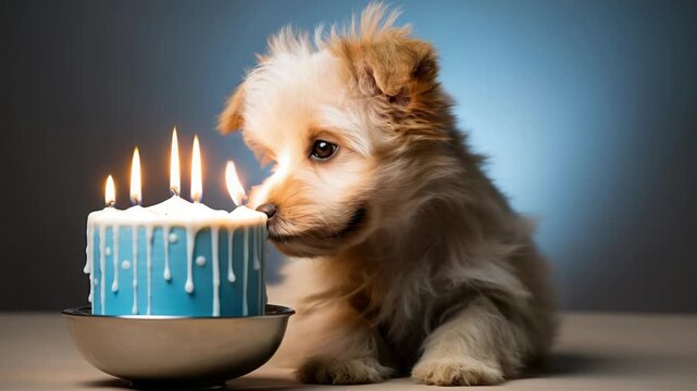 Small dog sitting in front of a lit candle on cake.