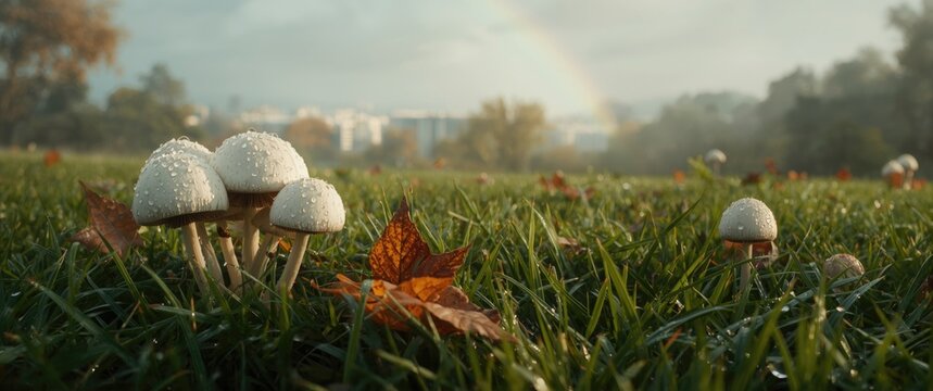 Autumn Day with White Mushrooms Growing in Wet Grass, Featuring Water, Nature, and City Elements