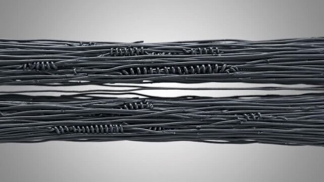 Close-up of tightly bundled dark wires stretched between two points.