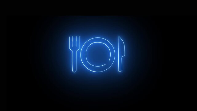 Glowing neon blue food portion and Party icon with percentage symbol and down arrow on black background
