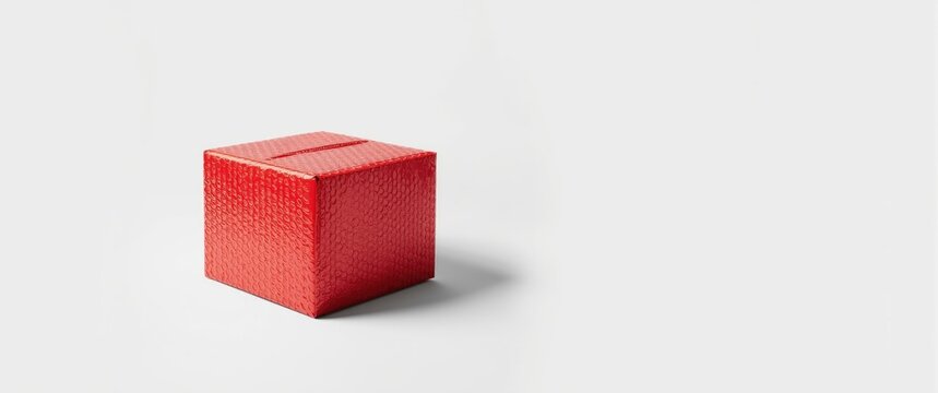 Cardboard box enclosed in red bubble wrap on a white surface