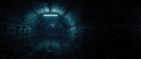 Fototapeta premium Raster image showcasing an abandoned subterranean bunker with neon illumination, electric railway station, and a bombproof computer shelter