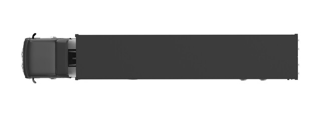 Top view of a dark gray semi-trailer truck isolated on a black background