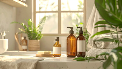 Natural skincare products on a bathroom counter with green plants and soft lighting.