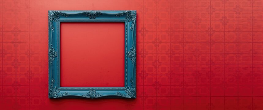 Isolated blue frame against red backdrop featuring decorative retro elements and pop art design, showcasing vintage versus contemporary styles