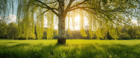 Obraz premium A spring scene with a big tree in a vibrant green meadow and fresh green leaves on a birch tree in the park